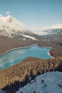 Scenic view of lake and snowcapped mountains against sky