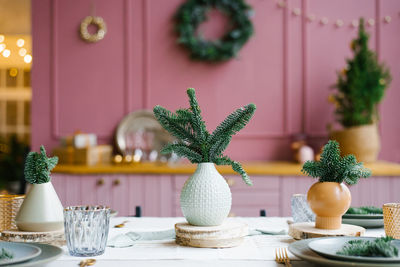 Fresh fir branches or pines in a ceramic vase, a vase on the kitchen table in decorated 