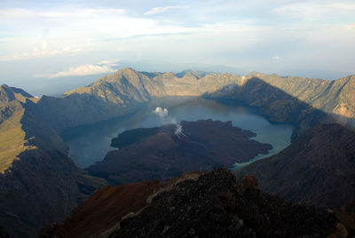 High angle view of volcano crater and mountains