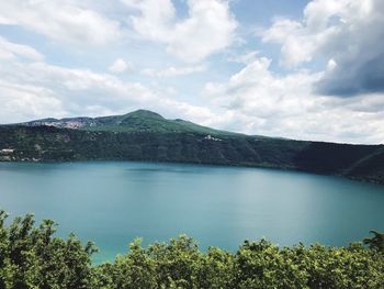 Scenic view of lake and mountains against sky