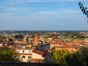 High angle shot of townscape against sky