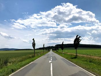 Empty road amidst field against sky