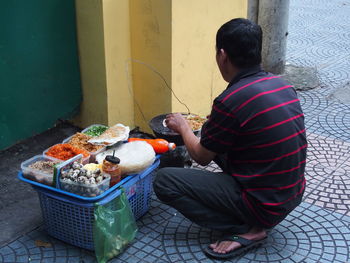 High angle view of food vendor on footpath