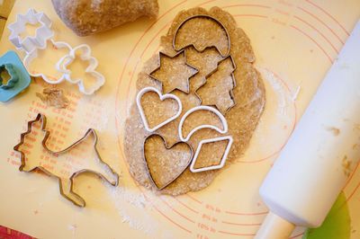 High angle view of cookies on table