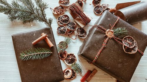 High angle view of christmas decoration on table