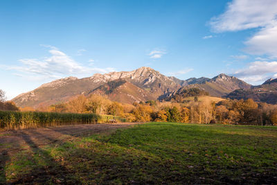 Scenic view of field by mountains against sky