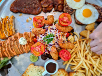 High angle view of breakfast served on table