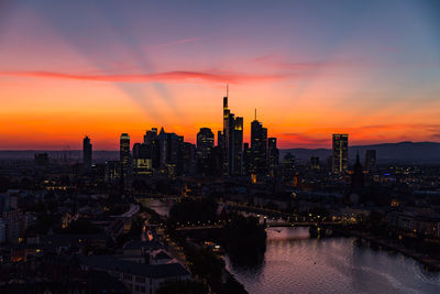 Aerial view of buildings in city during sunset