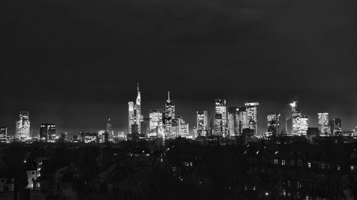 View of city lit up at night