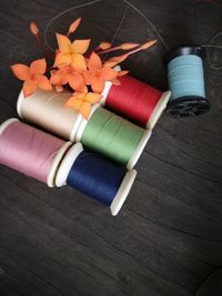 High angle view of various flowers on table