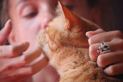 Close-up of woman hand with cat