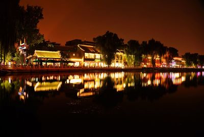 Reflection of illuminated buildings in water