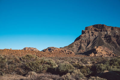 Scenic view of rocky mountains against clear blue sky