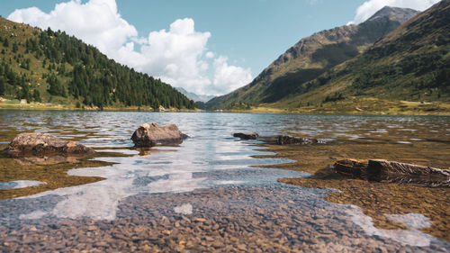 Scenic view of lake and mountains against sky