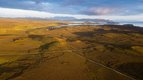 High angle view of land against sky