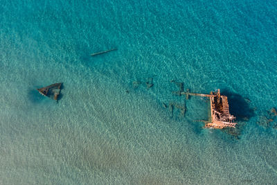 Aerial view at old shipwreck of  mav achaios at beach of akritori, cyprus