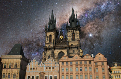 The church of our lady before tyn with starry sky in the background. the old town square prague 