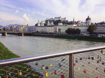 Bridge over river with buildings in background