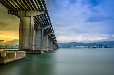 Bridge over river against sky during sunset