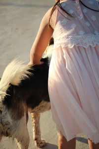 Midsection of girl with dog standing on land
