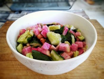 High angle view of salad in bowl on table