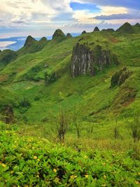 Scenic view of green landscape against sky