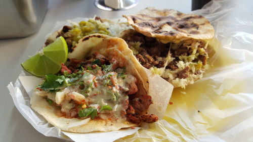 Close-up of served food on table