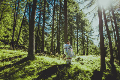 Rear view of man walking in forest