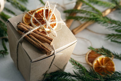 Close-up of christmas decorations on table