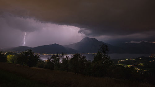 Panoramic view of trees and mountains against sky at night