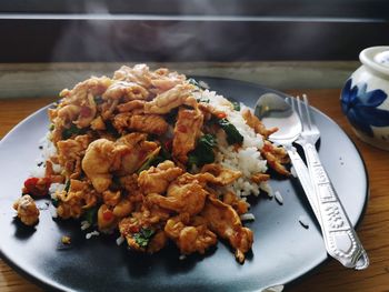 High angle view of food in plate on table