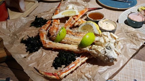 High angle view of sushi in plate on table