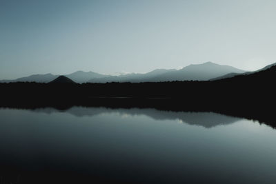 Scenic view of lake by silhouette mountain against sky