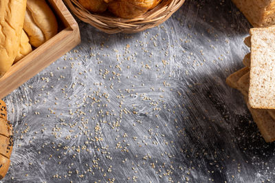 High angle view of bread in basket on table