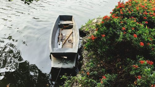 High angle view of abandoned boat in lake