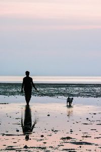 Rear view of man with dog walking at beach