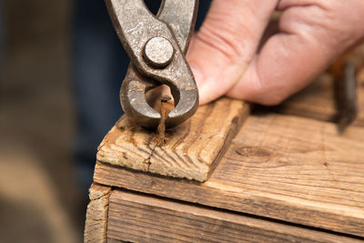 Cropped hand removing rusty nail on wood
