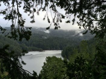Scenic view of lake against cloudy sky
