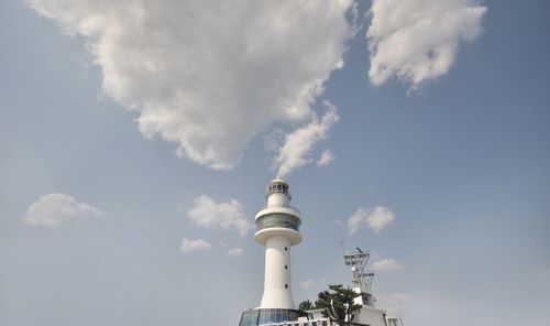 Low angle view of lighthouse by building against sky