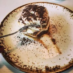 High angle view of dessert in plate on table