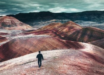 Rear view of man walking on mountain against sky