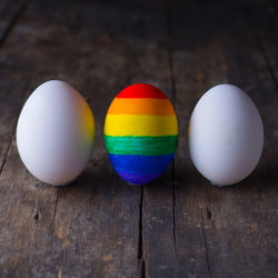 Close-up of multi colored eggs on table