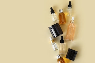 High angle view of wine bottles on table