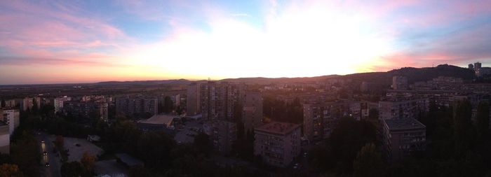 High angle view of cityscape during sunset