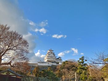 Low angle view of trees and building against sky