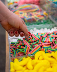 Cropped image of hand holding multi colored candies