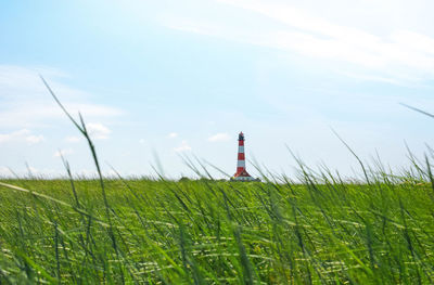 Lighthouse on field against sky