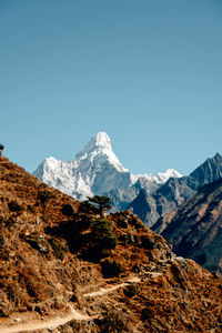 Scenic view of snowcapped mountains against clear sky