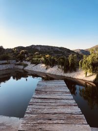 Scenic view of lake against clear blue sky