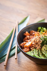 High angle view of food in bowl on table